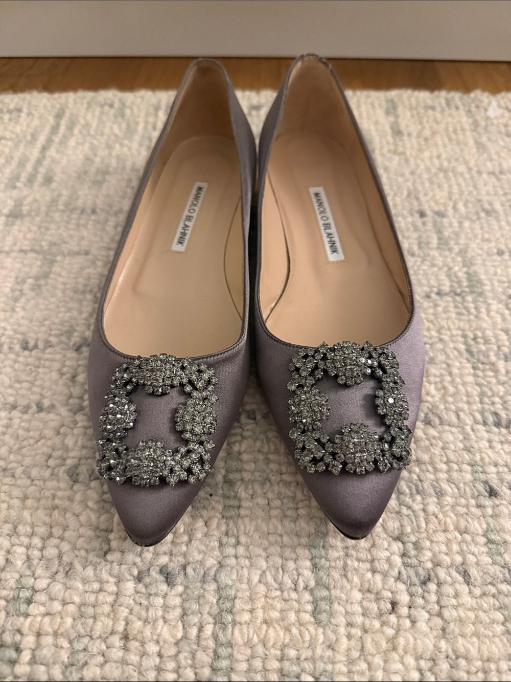 Manolo Blahnik Satin Crystal-Embellished Pointed Flats